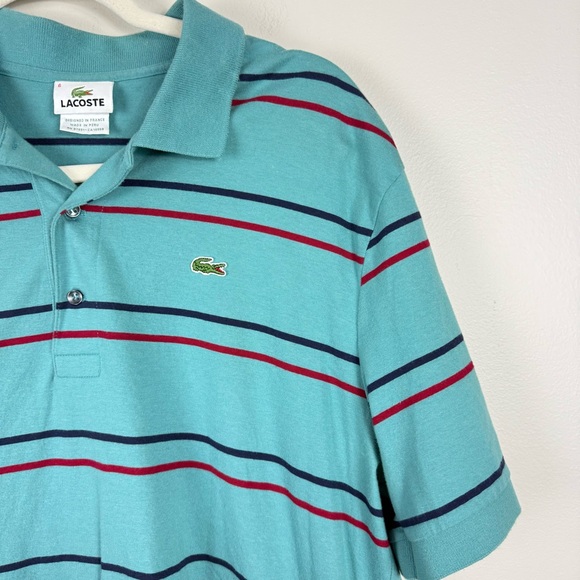 Lacoste Polo Mens 7 Large Teal Blue Red Stripe Short Sleeve Preppy Short Sleeve - Picture 3 of 8